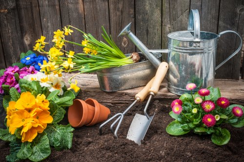 A garden scene featuring freshly turned dark soil in a landscaped outdoor space with a wooden fence background. In the foreground, vibrant flowering plants include a cluster of yellow primulas, pink primulas with deep green leaves, and purple pansies, adding bright colours to the garden. There are empty terracotta plant pots, a small hand rake, and a hand trowel placed in the soil, indicating recent planting activity. A silver watering can and a metal trough filled with yellow daffodils further highlight garden maintenance tools and flowering plants, suggesting ongoing gardening work by Landscapers Bermondsey. The environment appears well-maintained and prepared for planting or landscaping projects, with natural daylight illuminating the scene, typically associated with outdoor garden care in Bermondsey or similar London neighbourhoods.