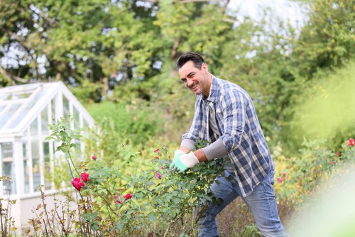 A man with dark hair, wearing a blue and white checked shirt, jeans, and gardening gloves, is tending to a flower bed in a backyard garden in Bermondsey. The garden features a variety of blooming pink and red roses, bordered by lush green foliage. To the left, there is a transparent greenhouse structure, partially visible, surrounded by well-maintained grass and other garden plants. In the background, tall trees provide shade and a natural setting, with dappled sunlight filtering through the leaves, indicating a clear day. The scene shows a neatly arranged outdoor space with a mix of shrubs, flower beds, and grass, emphasizing garden care and outdoor maintenance activities. The overall environment suggests a well-kept private garden, typical of suburban Bermondsey, with natural tones of green, pink, and red, complemented by the wooden and soil textures, and reflects ongoing gardening work aimed at beautifying and maintaining the outdoor area. This detailed observation aligns with gardening services offered by Landscapers Bermondsey, including plant care and garden maintenance in the London area.